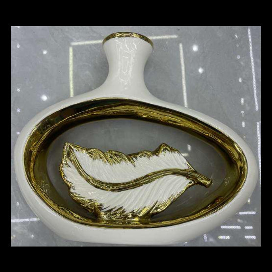 Contemporary White Ceramic Leaf Vase with Gold Trim