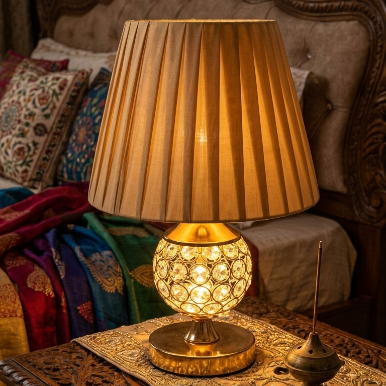 Luxury Gold Crystal Table Lamp with Pleated Fabric Shade