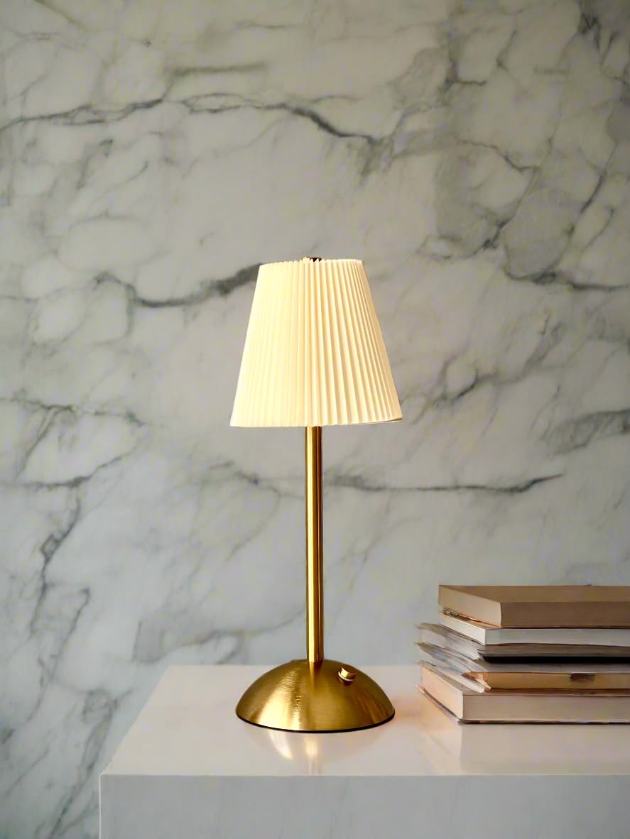 Elegant Gold Table Lamp with Pleated White Shade Design