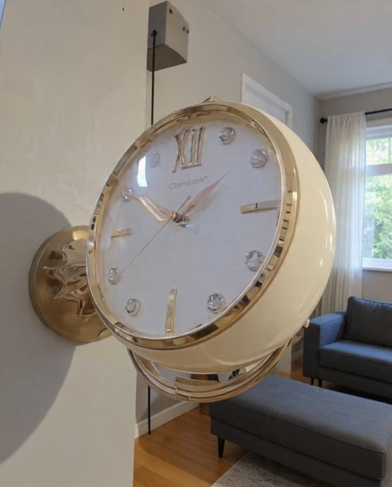 Double Sided Wall Mount Clock with Gold Finish
