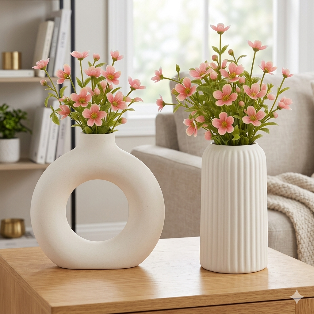 Nordic Minimalist Ribbed Ceramic Donut Vase - Set of 2 (Off-White)