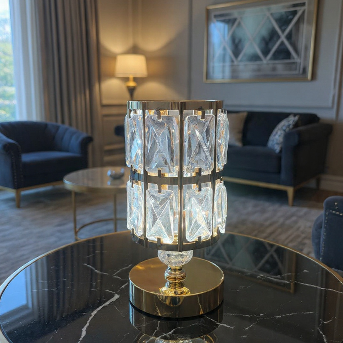 Modern Crystal Glass Table Lamp with Gold Frame