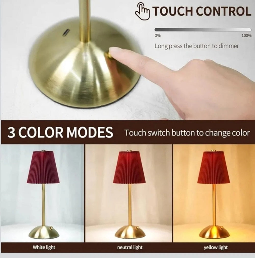 Elegant Gold Table Lamp with Pleated Red Shade Design