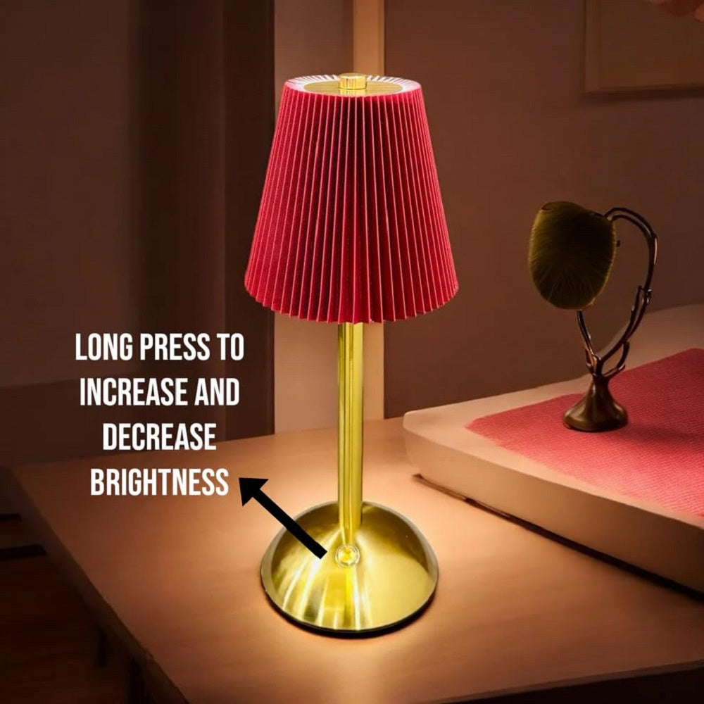 Elegant Gold Table Lamp with Pleated Red Shade Design