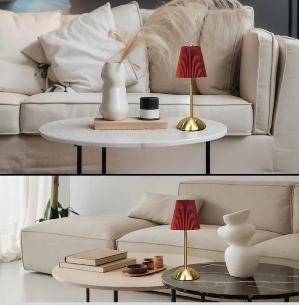 Elegant Gold Table Lamp with Pleated Red Shade Design