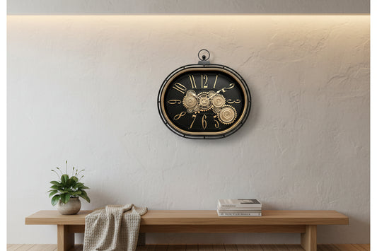 Vintage Matte Black & Brass Oval Wall Clock