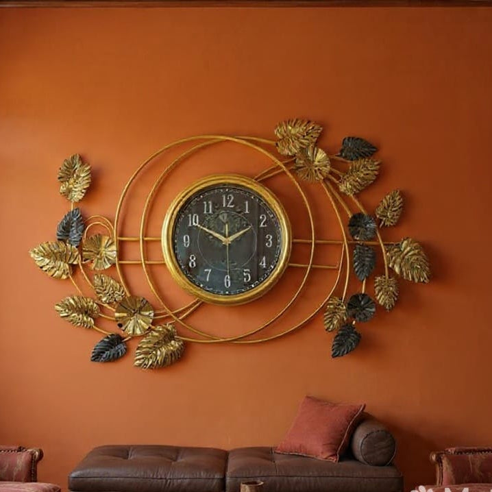 Horizontal Oversized 101x52 cm Gold Monstera Leaf Wall Clock