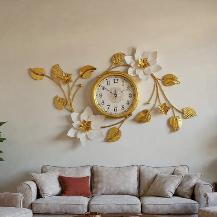 100x60 cm Large Abstract White Lily Wall Clock with Gold Bud Accents