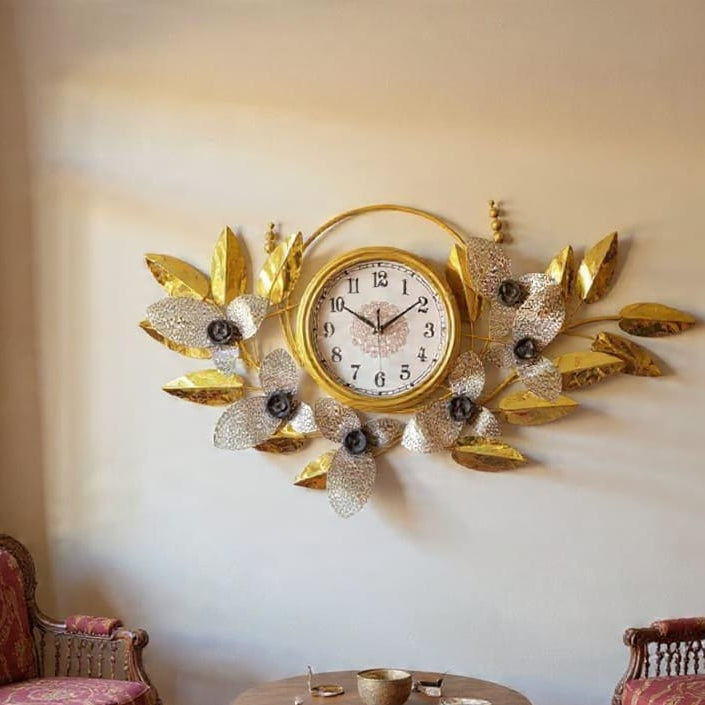 95x55 cm Wide Luxury Orchid Wall Clock with Textured Mesh Leaves