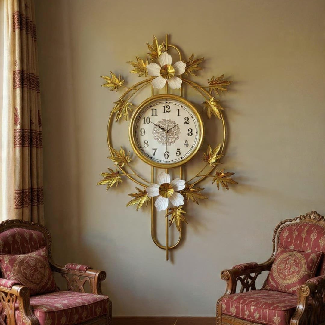 96x58 cm Symmetrical Gold Frame Wall Clock with White Flowers