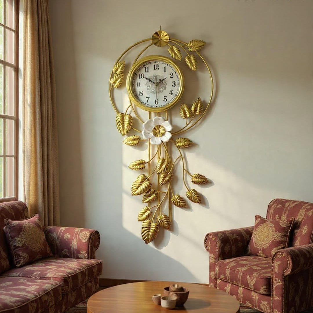Premium 103x48 cm Cascading Gold Vine Wall Clock with White Floral Accents
