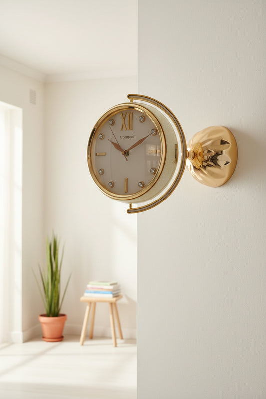 Designer Double Sided Wall Mount Clock with Gold Finish
