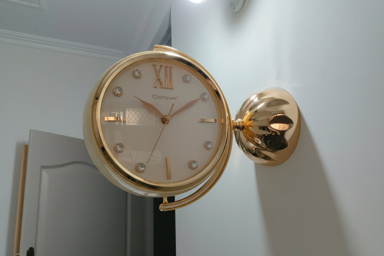 Designer Double Sided Wall Mount Clock with Gold Finish