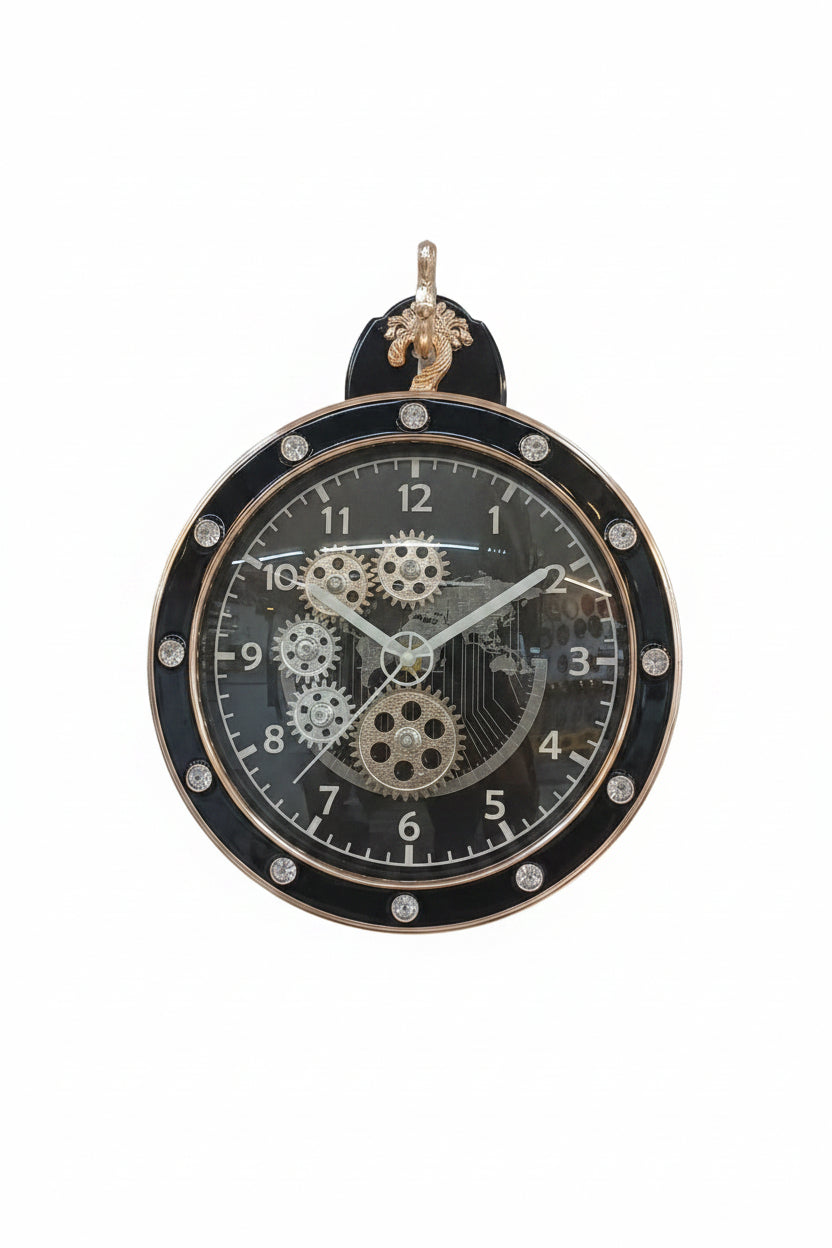 Designer Black & Gold Double-Sided Clock with Visible Gears