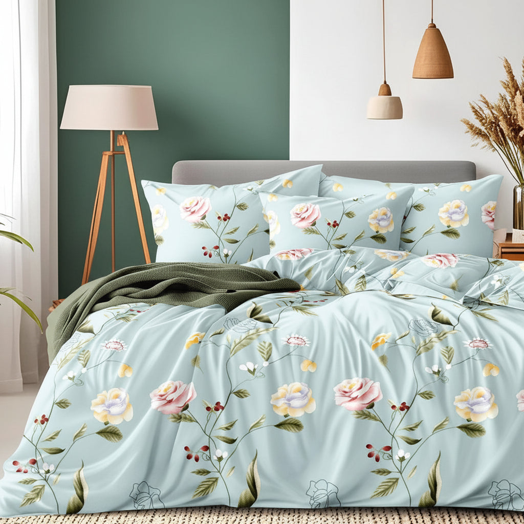 Floral bedding set on a bed in a bedroom with a green wall and lamp.
