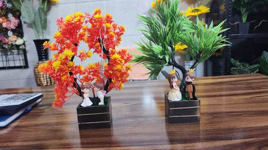 Hodor Designs Set Of 2 Artificial Miniature Bonsai Trees with Cute Couple Figurines