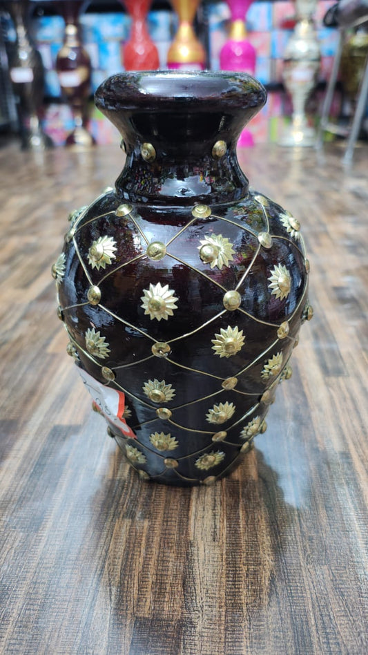Hodor Designs Hand-Carved Dark Wood Vase with Brass Inlay