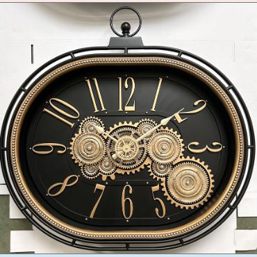 Vintage Matte Black & Brass Oval Wall Clock
