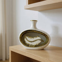 Contemporary White Ceramic Leaf Vase with Gold Trim