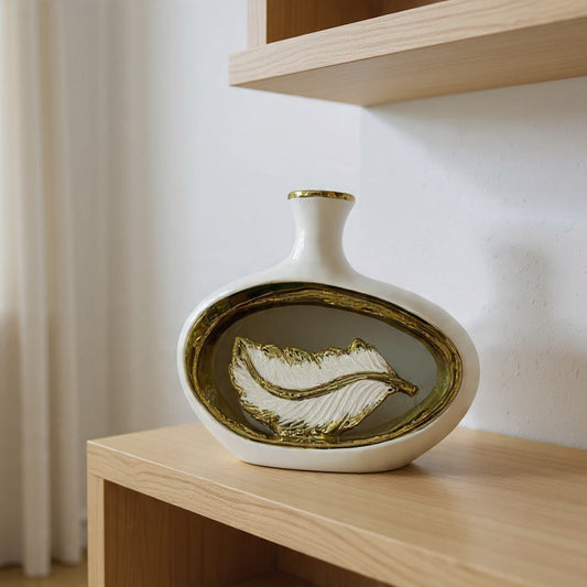 Contemporary White Ceramic Leaf Vase with Gold Trim