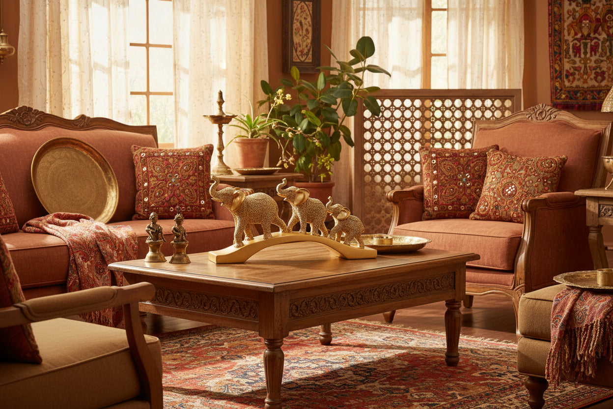 Luxury Gold Elephant Family Showpiece on Arch Base | Contemporary Home Decor