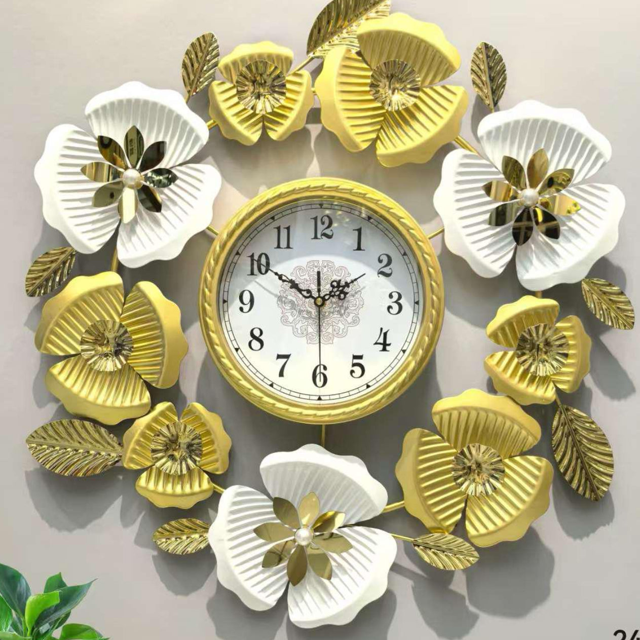 68cm Ornate White and Gold Floral Wreath Wall Clock