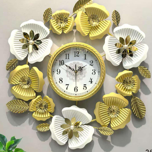 68cm Ornate White and Gold Floral Wreath Wall Clock