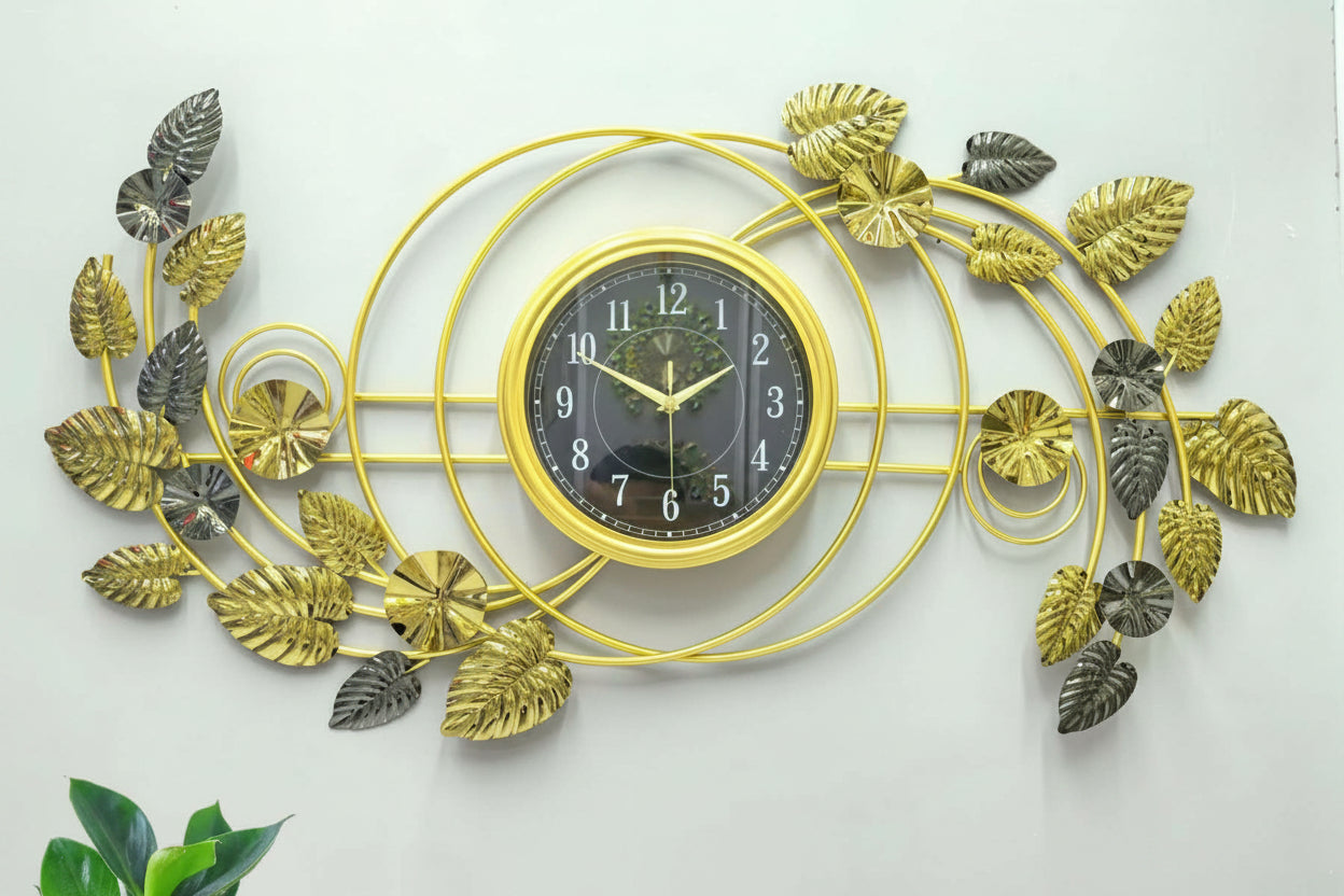 Horizontal Oversized 101x52 cm Gold Monstera Leaf Wall Clock