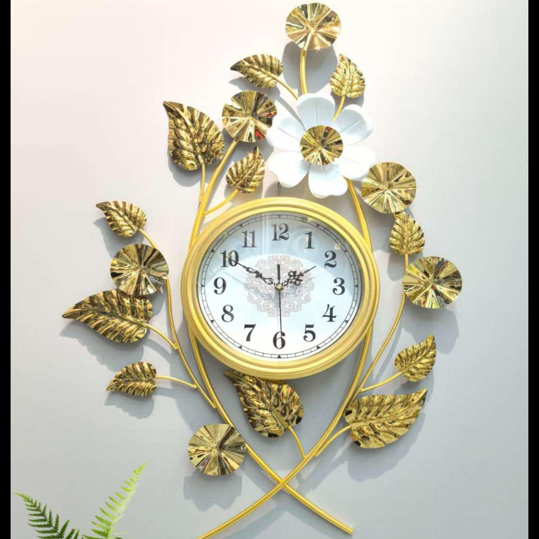 85x55cm Vertical Gold Leaf and White Lotus Wall Clock