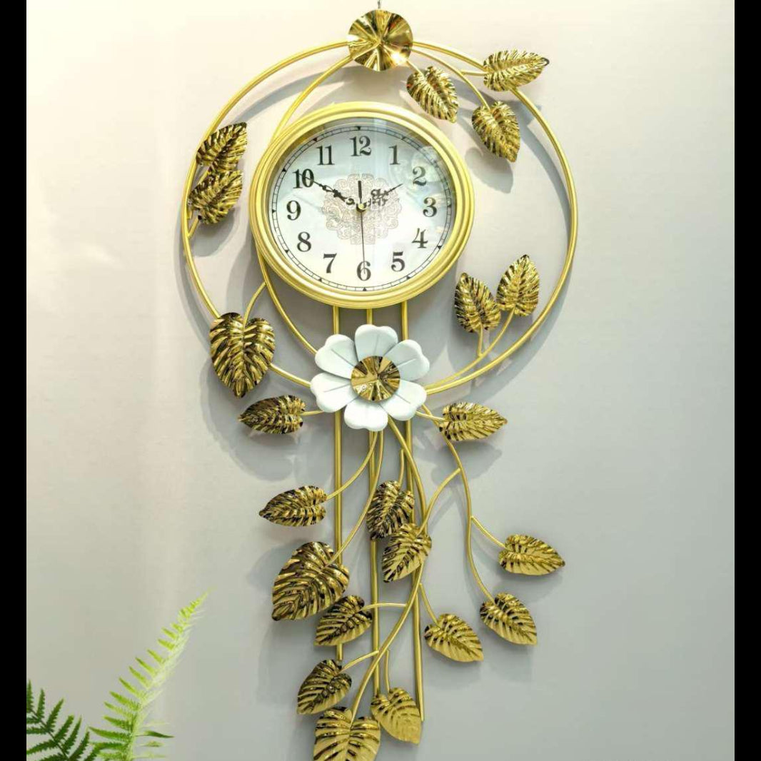 Premium 103x48 cm Cascading Gold Vine Wall Clock with White Floral Accents