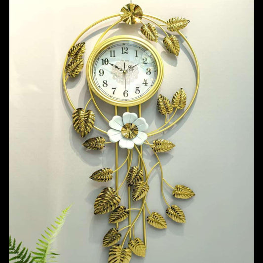 Premium 103x48 cm Cascading Gold Vine Wall Clock with White Floral Accents