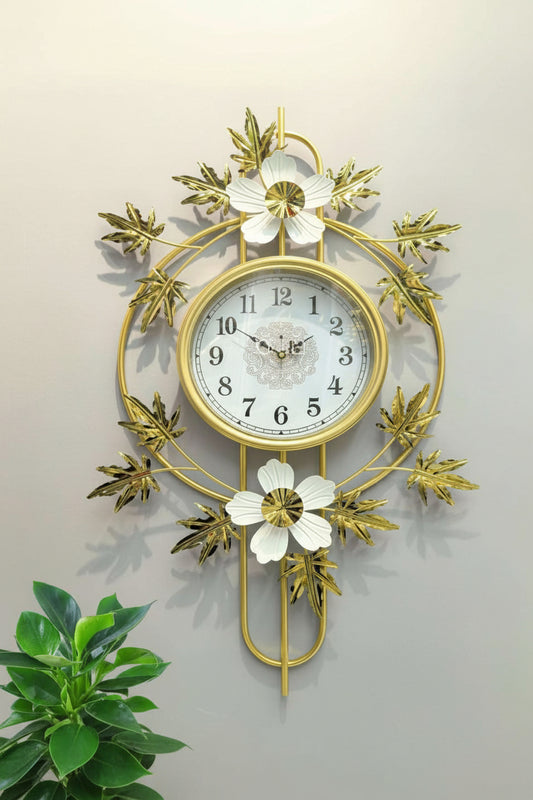 96x58 cm Symmetrical Gold Frame Wall Clock with White Flowers