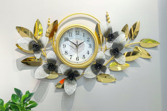 95x55 cm Wide Luxury Orchid Wall Clock with Textured Mesh Leaves