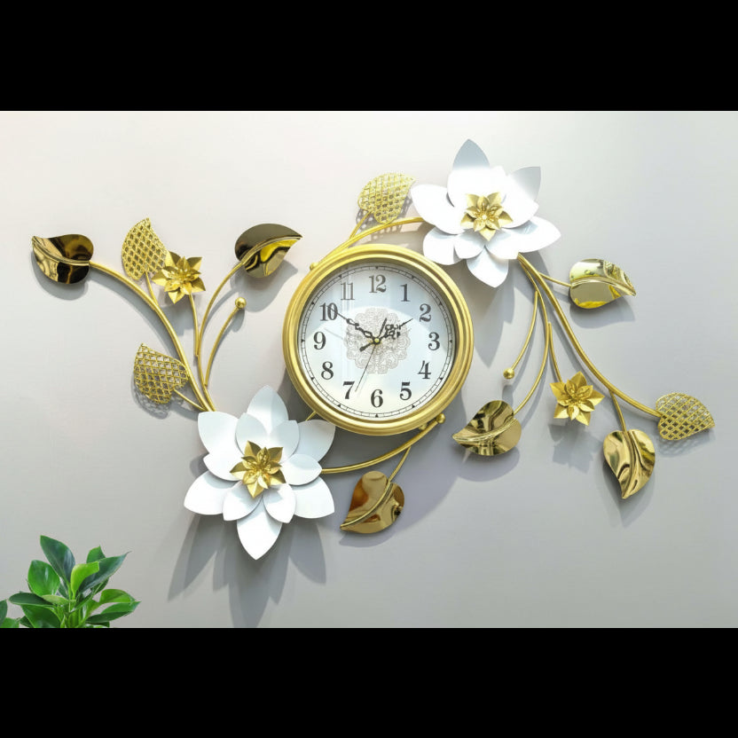 100x60 cm Large Abstract White Lily Wall Clock with Gold Bud Accents