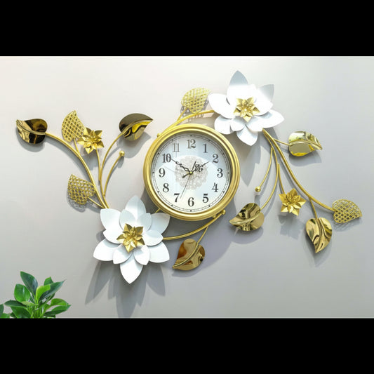100x60 cm Large Abstract White Lily Wall Clock with Gold Bud Accents