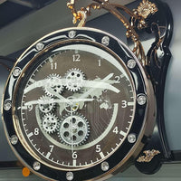 Black & Gold Double-Sided Clock with Visible Gears