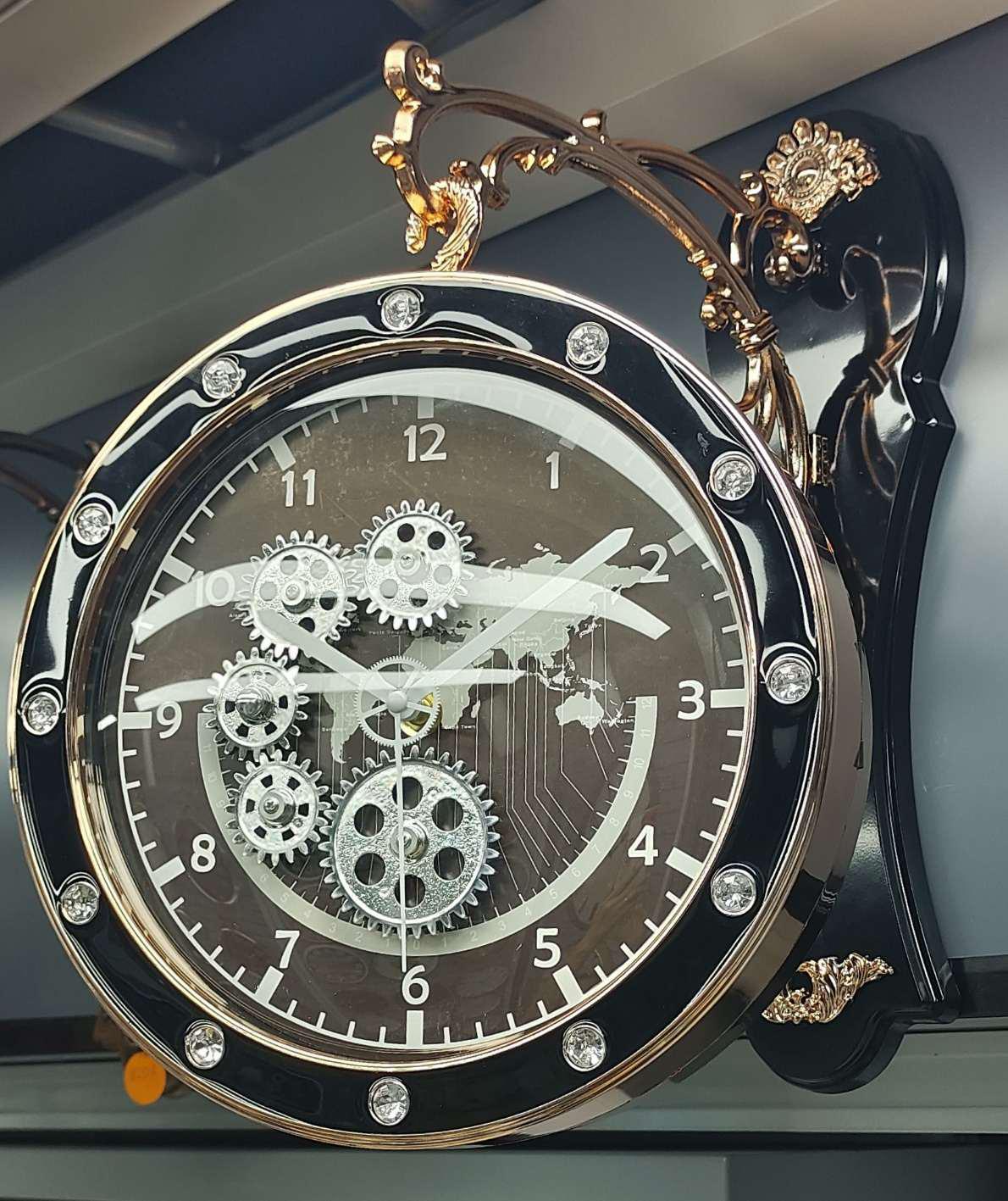 Designer Black & Gold Double-Sided Clock with Visible Gears