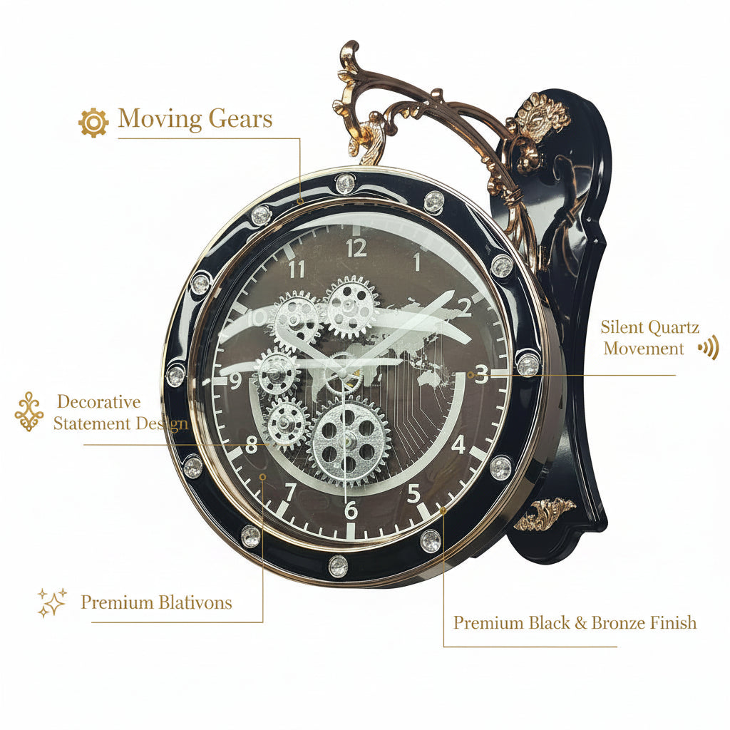 Designer Black & Gold Double-Sided Clock with Visible Gears
