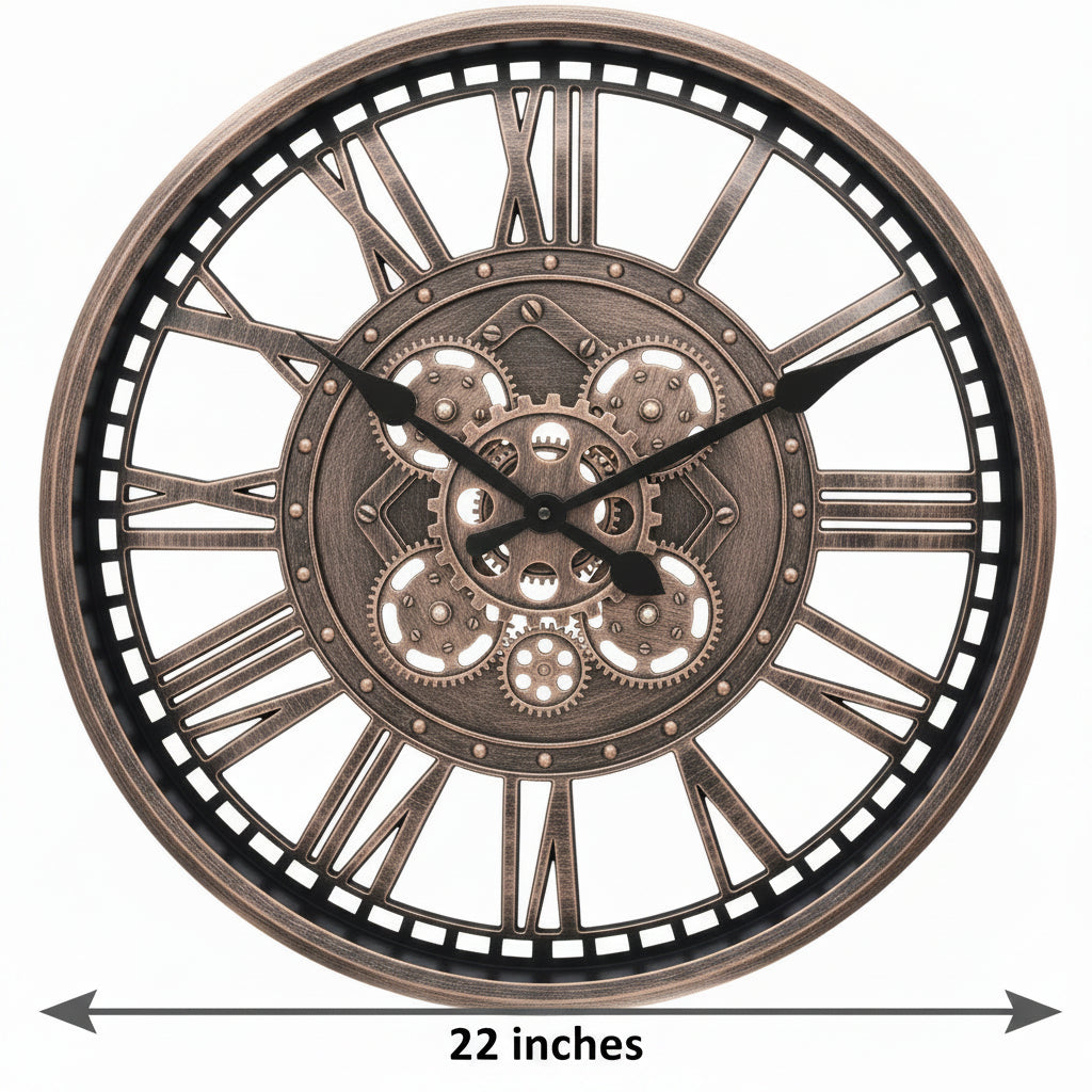 Large 22-Inch Vintage Wall Clock with Moving Gears