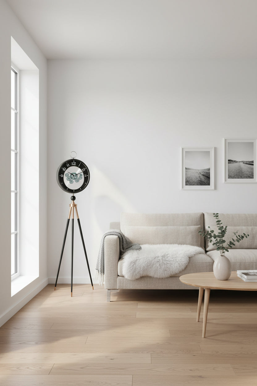 Black & Chrome Finish Tripod Floor Clock