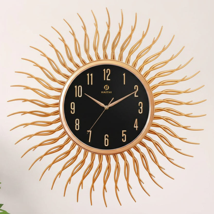 Gold Sunburst Wall Clock With Black Dial for Living Room