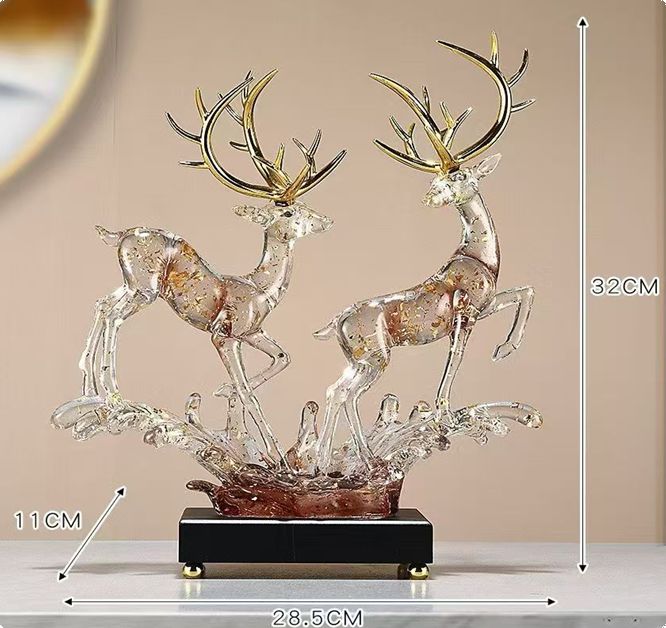 Contemporary Crystal Resin Deer Pair with Golden Antlers & Water Splash Base