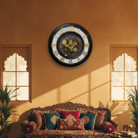 Oversized Industrial Skeleton Wall Clock | Gold Roman Numerals