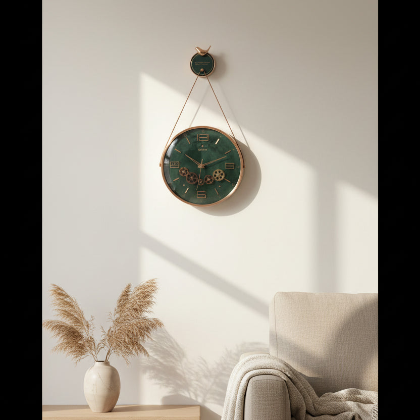 A vintage green wall clock with a rose gold-toned metal frame and hanging chain, shown against a textured gray wall.