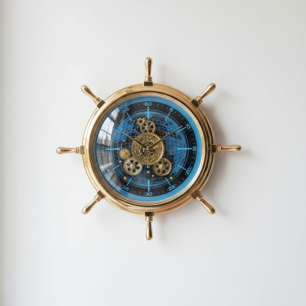 Designer Luxury Nautical Ship Wheel Wall Clock with Visible Moving Gears