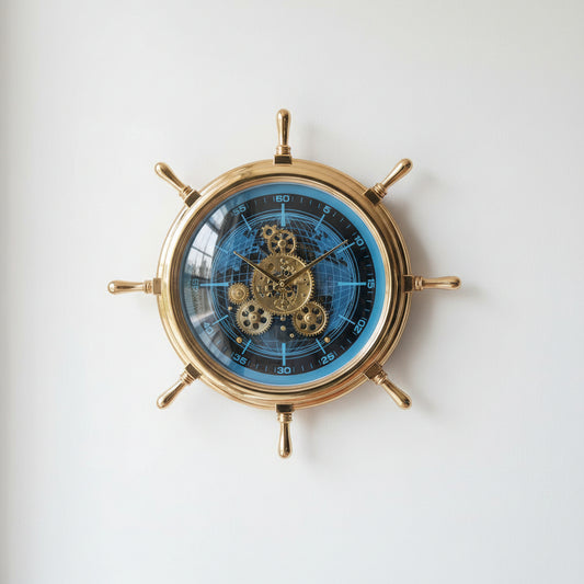 Designer Luxury Nautical Ship Wheel Wall Clock with Visible Moving Gears