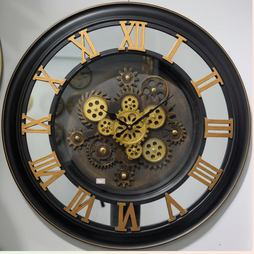 Oversized Industrial Skeleton Wall Clock | Gold Roman Numerals