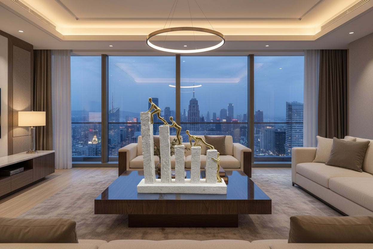 Luxury Gold Figures Climbing Bar Graph Pillars | Teamwork Success Statue