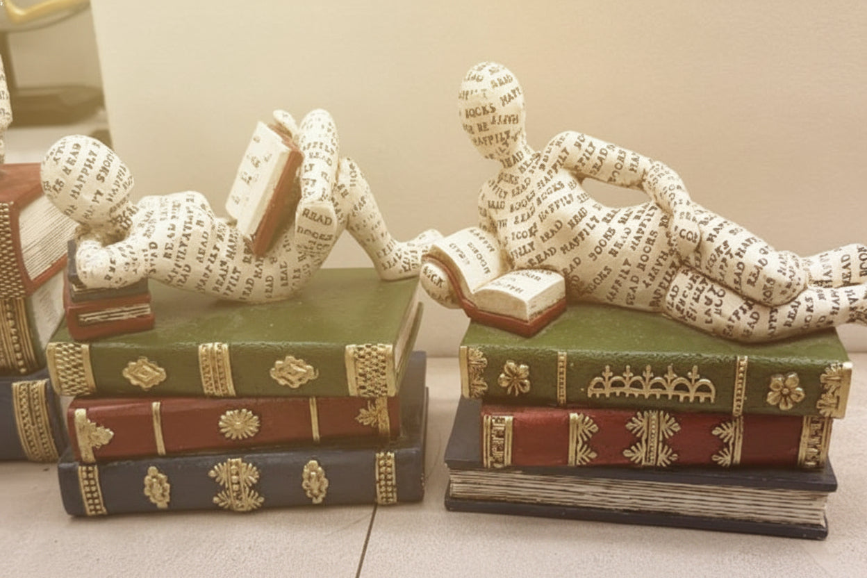 Abstract Reader Bookends Set of 2 | Vintage Book Stack Sculptures for Library