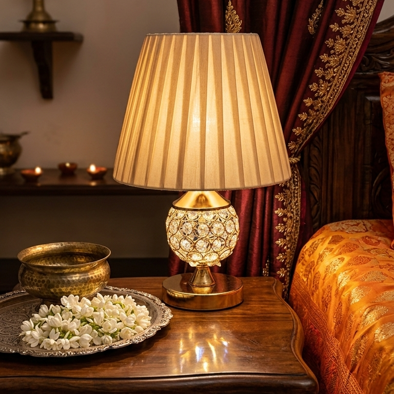 Luxury Gold Crystal Table Lamp with Pleated Fabric Shade